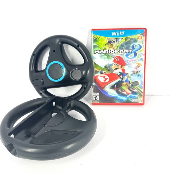 Nintendo Wii U Mario Kart 8 Game Complete Case & Disc w/ 2 Racing Wheels - Picture 1 of 7